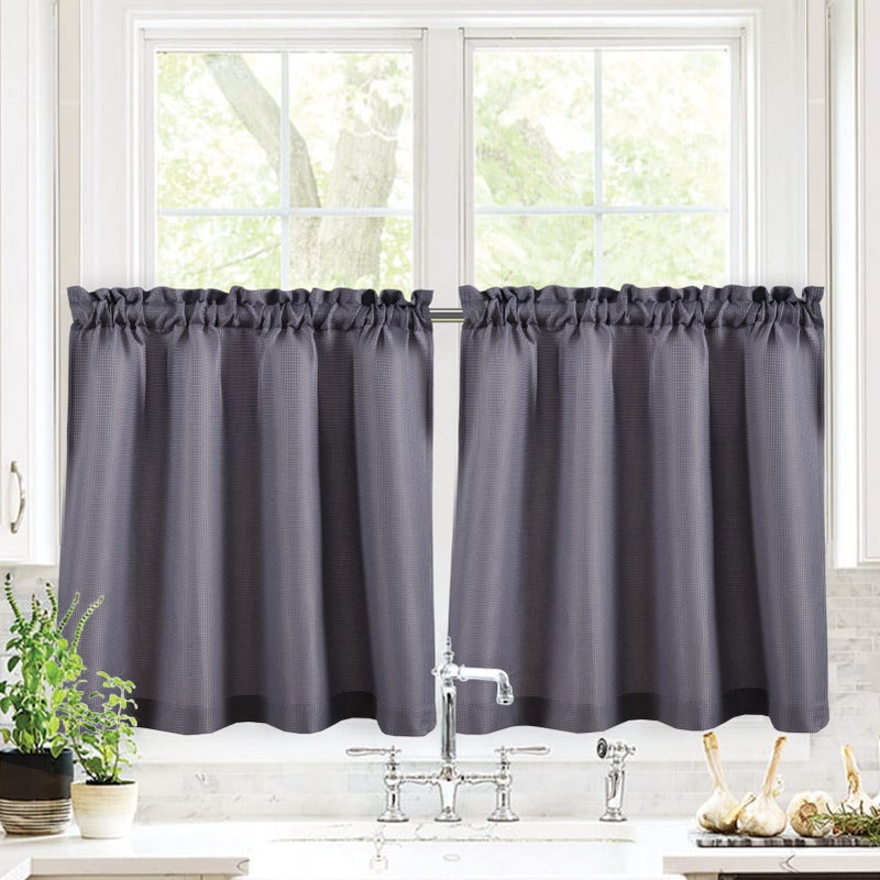 Valea Home Waffle Weave Textured Half Window Tier Curtains for Kitchen Water Repellent Window Covering Bathroom Short Curtains, 72" x 24", Grey, Set of 2 - Image 1
